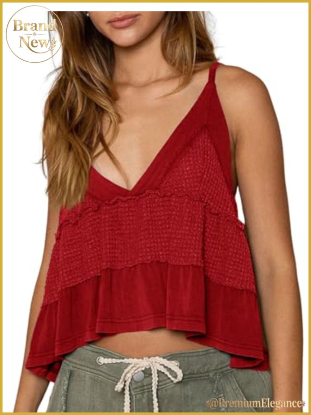 Waffle Knit Babydoll Tank Top V Neck Spaghetti Strap Ruffle Hem